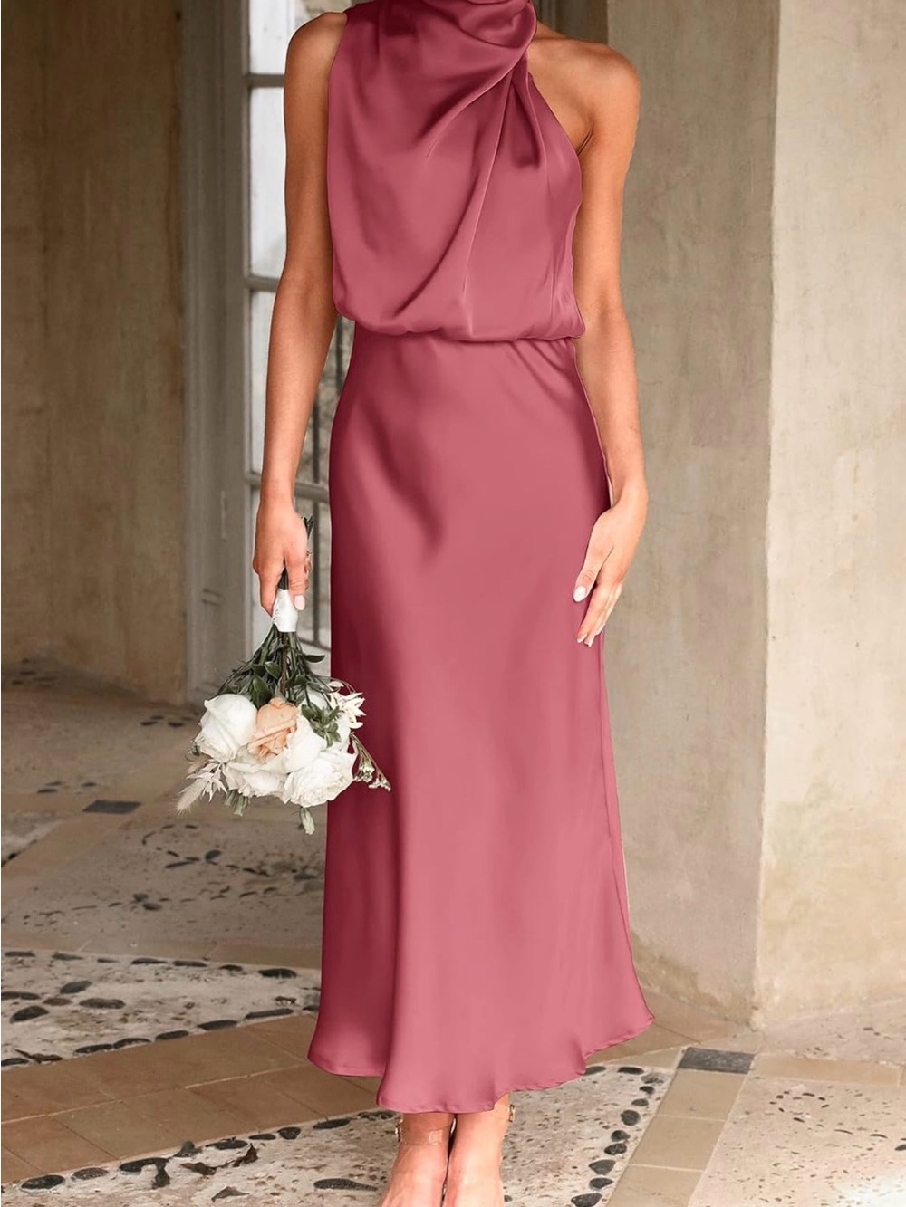 Asymmetrical Shoulder Satin Dress in Dusty Rose